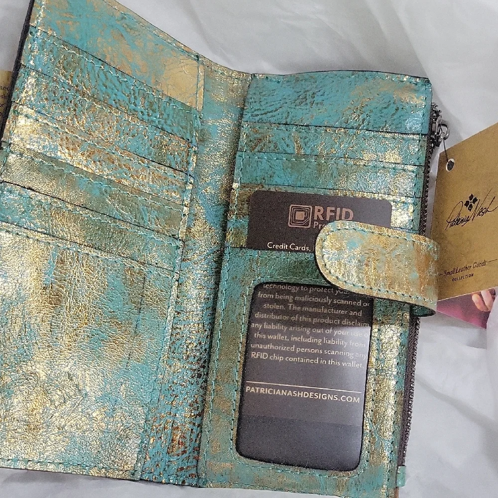 Patrcia Nash Turquoise Tooled Leather Wallet with Bronze Design RFID Protect